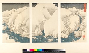 Hóvihar a Kiso hegyeiben és folyóin, (sanmaitsuzuki - triptichon, yoko-e - vízszintes formátum, színes fametszet)