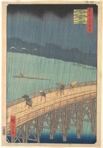 Hirtelen zápor a Shin-Ōhashi híd és Atake felett, az Edo száz híres látképe című sorozatból alkotó: Utagawa Hiroshige
