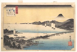 Naplemente fénye Setánál (Seta sekishō), az „Ōmi tartomány nyolc látképe” (Ōmi hakkei) sorozatból alkotó: Utagawa Hiroshige