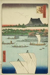 Top design d Tsukiji Hongwanji templomi kéz MP (Teppo rajz Tsukiji monzeki), a Keiyo sorozatból” alkotó: Utagawa Hiroshige