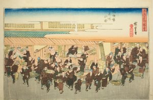 Te fish mar ház a kis halmezőn (Uoichi kis halmező képe), a Te sorozatból: "Fa nets view of Osaka (Naniwa híres helytérkép)" alkotó: Utagawa Hiroshige
