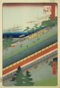 Harminchárom öböl csarnoka Fukagawában (Fukagawa Sanjusangendo), az „Edo száz híres képe (Meisho Edo hyakkei)” sorozatból. alkotó: Utagawa Hiroshige