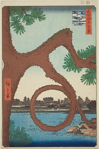 A holdfenyő az Ueno templom területén (Ueno sannai Tsuki no matsu), a "Száz híres nézet Edóról (Meisho Edo hyakkei)" sorozatból. alkotó: Utagawa Hiroshige