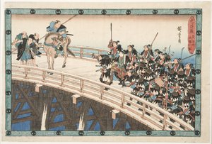 Az éjszakai támadás negyedik epizódja (valójában az ötödik): Visszavonulás a Ryōgoku-hídon át alkotó: Utagawa Hiroshige