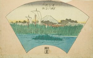 A háromágú folyó szétválási mélysége Nakasunál (Nakasu Mitsumata Wakarenofuchi), a „Kivágott képek Edo híres helyeiről (Edo meisho harimaze zue)” című sorozat lapjának egy része. alkotó: Utagawa Hiroshige
