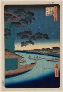 A találkozó fenyője az Asakusa folyó közelében és az Oumaya-part a Sumida folyónál, az „Edo száz nevezetes látképe” sorozatból alkotó: Utagawa Hiroshige