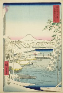 A folyópart Sukiyában a keleti fővárosban (Toto Sukiyagashi), a "Harminchat kilátás a Fuji-hegyre (Fuji sanjurokkei)" sorozatból alkotó: Utagawa Hiroshige