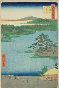 A köntösbe öltözött fenyő a Senzoku-tónál (Senzoku no ike Kesakakematsu), 110. sz. a "Száz híres nézet Edóról (Meisho Edo hyakkei)" sorozatból. alkotó: Utagawa Hiroshige