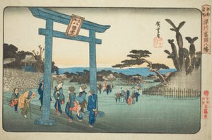 Te Tomigaoka Hachiman szentély Fukagawában (Fukagawa Tomigaoka Hachiman), a „Famous Pases Inn Edo” tévésorozatból alkotó: Utagawa Hiroshige