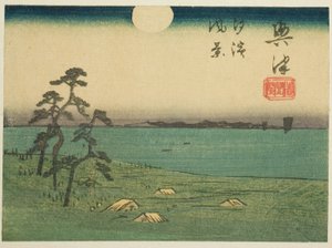 Shiohama és Kiyomigaseki látképe Okitsuban (Okitsu, Kiyomigaseki, Shiohama fukei), a "Kivágott képek a Tokaido útról (Tokaido harimaze zue)" sorozat 4. számú lapjának része. alkotó: Utagawa Hiroshige