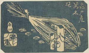Kameido (Kameido san Uguisu ki shijimi) poszáta fafaragásai és kagylói, a „Kivágások Edo híres helyeiről (Harimaze Koto meisho)” sorozat lapjának egy része. alkotó: Utagawa Hiroshige