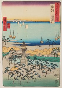 A Demi-part és a világítótorony Settsu tartományban / Settsu Sumiyoshi Demi no hama, az „Híres helyek látképei a hatvanvalahány tartományban” sorozat 5. táblája / Rokuju yoshu meisho zue alkotó: Utagawa Hiroshige