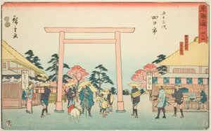 Yokkaichi: Az Ise szentélyhez vezető út kereszteződése Hinaga faluban (Yokkaichi, Hinagamura Oiwake, Sangudo) – No. 44, a "Tokaido ötvenhárom állomása (Tokaido Gojusan Tsugi)" sorozatból, más néven Reisho Tokaido alkotó: Utagawa Hiroshige