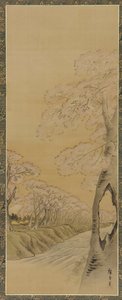 Táj: virágzó cseresznyefák a patak partján, Edo-korszak, 1615-1868.