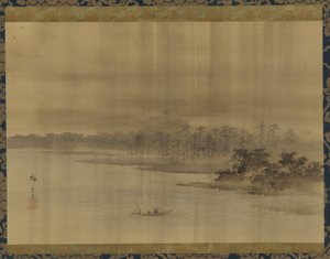Folyói táj és templom az esőben, Edo-korszak, 19. század. alkotó: Utagawa Hiroshige II