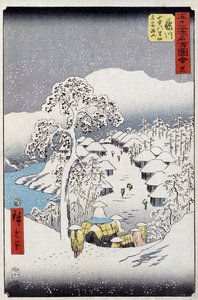 Karakterek a hó alatt, Japán – Hiroshige Utagawa japán nyomata – 19. század