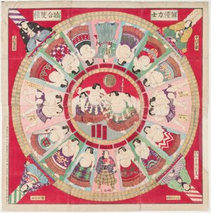Sugoroku játék (hagyományos társasjáték, melynek tábláját szumóbirkózók és harci jelenet díszítik). Nyomtatás: Utagawa Kunisada II (1848-1920) - Sugoroku Game, Kunisada III (Kunimasa IV), Utagawa (1848-1920). Színes fametszet. Méret: alkotó: Utagawa IV Kunimasa