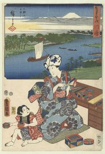 Kawasaki (cím a tárgyon) De 53 stations door twee penselen (sorozat címe) Sohitsu gojusan tsugi (sorozat címe az objektumon) alkotó: Utagawa Kunisada (I)