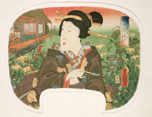 Autumn, Hanayashiki: Pipás gésa, 1858-60 évszakokat illusztráló négyes készlet legyezőre tervezett gésa (fanyomat)