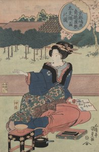 Kurtizán szaké pohárral alkotó: Utagawa Kunisada