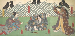 Three Actors on Stage: Kumagai Naozane, 1858., 1858. alkotó: Utagawa Kunisada
