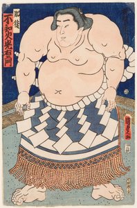 Shiranui Mitsuemon (1825-1879) szumóbirkózó portréja rituális köténnyel. Nyomtatás: Utagawa Kunisada II (1823-1880) alkotó: Utagawa Kunisada II