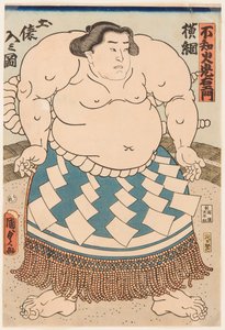 Shiranui Mitsuemon (1825-1879) szumóbirkózó portréja rituális köténnyel. Nyomtatás: Utagawa Kunisada II (1823-1880)