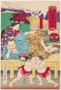 Két szumógyerek harca Tachibana Muneshige előtt (1567-1642). Nyomtatás: Kuniteru, Utagawa (1808-1876)