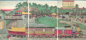 Illusztráció egy gőzmozdonyról, amely a tokiói Takanawa vasúton fut Tokió ta..., kb. 1873.