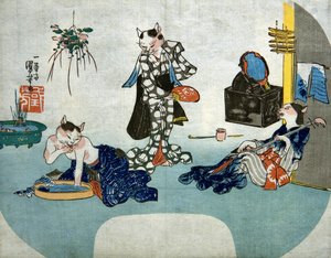 Nyáron pihenő antropomorf macskák, 1842 körül alkotó: Utagawa Kuniyoshi
