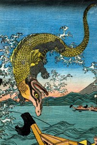 Asahina Yoshihide harca két krokodillal a tengerben Kamakura Kotsubo mellett alkotó: Utagawa Kuniyoshi