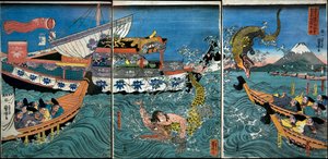 Asahina Yoshihide harca két krokodillal a tengerben Kamakura Kotsubo mellett alkotó: Utagawa Kuniyoshi