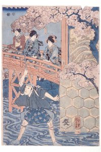 Bandō Hikosaburō IV Ashikaga Yoshimasa szerepében és Ichikawa Kodanji IV Asakura Tōgo szerepében a Higashiyama sakura sōshi kabuki darabból alkotó: Utagawa Kuniyoshi