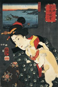 Közeli kép egy fiatal nőről egy macskával a karjában alkotó: Utagawa Kuniyoshi