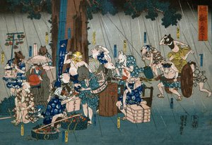 Comic Animals Taking Shelter from Rain (Dōke kemono no amayadori), c.1842 alkotó: Utagawa Kuniyoshi
