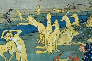 Alakváltoztatást gyakorló képregény rókák (Dōke kitsume henge no keiko), 1842 körül alkotó: Utagawa Kuniyoshi