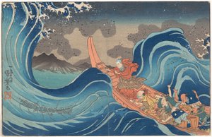 Nichiren szerzetes rövid, illusztrált életrajza: A viharos tenger lecsendesítése Tsunodánál a Sado-szigeti száműzetés idején alkotó: Utagawa Kuniyoshi
