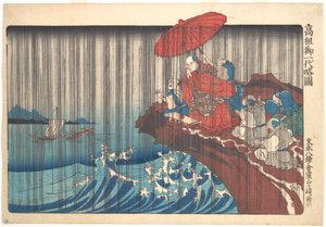 Nichiren szerzetes rövid képes életrajza: esőért mondott imája meghallgatásra talál Ryōzengaszakiban, Kamakurában alkotó: Utagawa Kuniyoshi