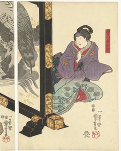 Három színész egy összecsukható képernyőnél alkotó: Utagawa Kuniyoshi