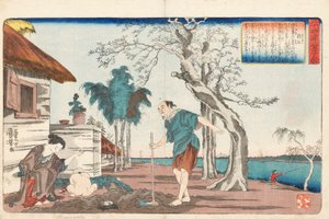 Kakkyo és felesége egy cserép aranyat ásnak a lyukban, amit ástak, hogy eltemessék kisfiukat, Ichiyusai Kuniyoshi ga aláírásával, 1843 körül (színes fatömbnyomat) alkotó: Utagawa Kuniyoshi