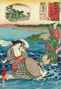 Kume Sennin egy sziklán kuporgó csupasz mellű nő láttán a folyóba esik, Station 45, kiadó: Hayashi Shoehi (színes fatömbnyomat) alkotó: Utagawa Kuniyoshi