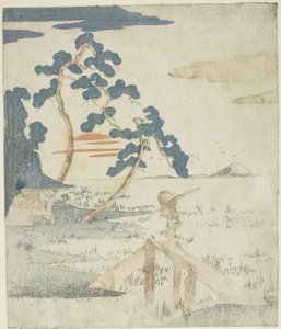 Ember átkel a hídon, ahogy a nap felkel, a „Fuji-hegy öt lenyomata (Fuji goban no uchi)” sorozat illusztrációinak cím nélküli (költészet nélküli) kiadásából. alkotó: Utagawa Kuniyoshi