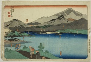 Minakuchi, Ishibe, Kusatsu, Otsu és Kyoto, a "Híres helyek a Tokaido ötvenhárom állomásán, öt állomás (Tokaido gojusan eki goshuku meisho)" sorozatból. alkotó: Utagawa Kuniyoshi