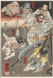 Minamoto Yoshitsune Benkei ellen harcol a Gojō hídon tengu démonok segítségével alkotó: Utagawa Kuniyoshi