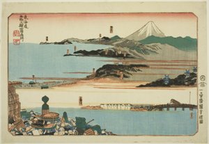 Nihonbashi, Shinagawa, Kawasaki és Kanagawa, a "Híres helyek a Tokaido ötvenhárom állomásán, négy állomás (Tokaido gojusan eki yonshuku meisho)" sorozatból. alkotó: Utagawa Kuniyoshi