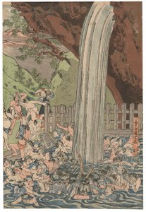 Zarándokok az Oyama-i Roben-vízesésnél, Ichiyusai Kuniyoshi aláírása, kiadó: Azumaya Daisuke, kiwame pecsét, Oban tate-e triptichon (színes fatömbnyomat) alkotó: Utagawa Kuniyoshi
