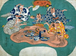 Mosómedve és róka játékban (Tanuki – kitsune no asobi), 1842 körül alkotó: Utagawa Kuniyoshi