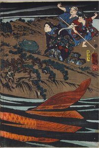 Lap egy színes fatömbnyomatú triptichonról, amely Oniwaka-marut (a leendő Musashibo Benkeit) ábrázolja, aki meg akarja támadni az anyját felfaló óriási pontyot: Japán, Edo, Utagawa Kuniyoshi, c. 1845 alkotó: Utagawa Kuniyoshi