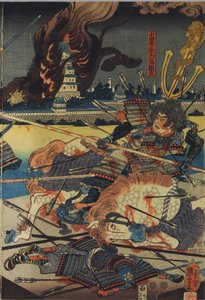 Shinshū Odai kassen no zu (Odai csata Shinano tartományban) című színes fatömbnyomatú triptichon lapja, amely Odai Akarokurō Yorisada lándzsát ábrázol, amint három emberrel lándzsázik, miközben a háttérben ég a kastélya: Japán, Edo, Utagawa Kuniyoshi alkotó: Utagawa Kuniyoshi