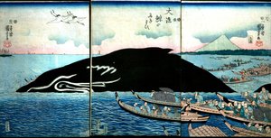 Emberek tömege egy elfogott bálna körül alkotó: Utagawa Kuniyoshi